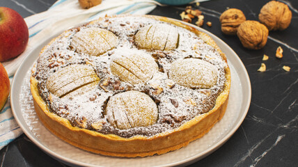 Homemade apple pie pastry on stone table. Bakery and dessert concept