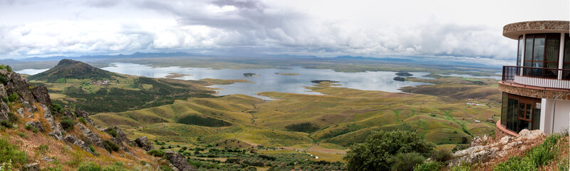 panoramic view of the Siberia Extremeña, Badajoz, Spain. In this region are the largest reservoirs in Spain. La Serena reservoir. - obrazy, fototapety, plakaty