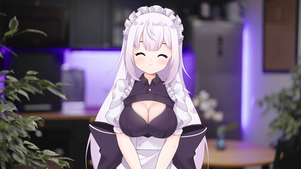 Maid 2D anime girl vtuber portrait in kitchen make a cute face