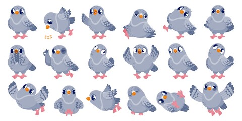 Cartoon pigeon. Funny bird character with various emotions in different poses, comic mascot clip art. Vector dove animal in flight isolated set