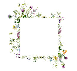 A frame of watercolour wildflowers. Watercolour illustration of meadow flowers for card, invitation, scrapbooking.