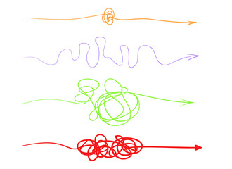 Hand drawn arrows on isolated white background. Abstract pointers with hatching. Wavy tangled signs. Colorful illustration. Elements for posters and flyers