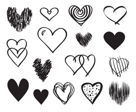 Hand drawn hearts on isolated white background. Set of love signs. Unique illustration for design. Line art creation. Black and white illustration. Elements for poster or flyer