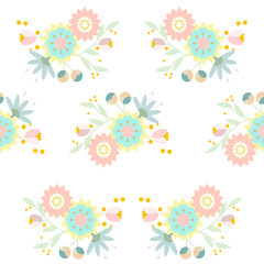 Brightly colored flowers and leaves. Seamless. Floral pattern. Herb. Hand drawn. Colorful botanical. Illustration. Seamless pattern vector. Colorful nature with flowers, leaves and plants.