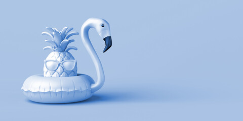 Summer concept with pineapple with sunglasses and inflatable flamingo float. Copy space. 3D illustration. © Rodrigo