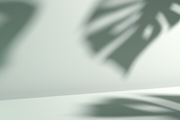 Showcase background with natural hard light and monstera plant leaves shadows. 3d illustration for brand identity banner. Perfect for product presentation, blog, thumbnail, social media post, branding