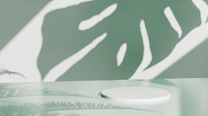 Showcase background with natural hard light and monstera plant leaves shadows. 3d illustration for brand identity banner. Perfect for product presentation, blog, thumbnail, social media post, branding