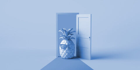 Summer concept with open door and pineapple with sunglasses. Copy space. 3D illustration.