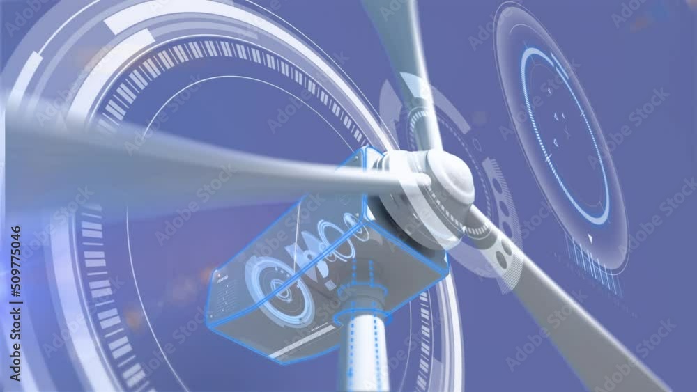 Poster animation of rotating wind turbine with mechanism over violet background