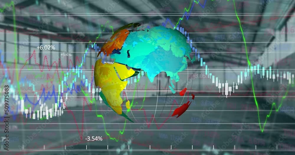 Poster animation of rotating globe over financial data and graphs