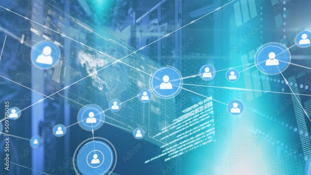 Poster animation of network of connections with icons over servers