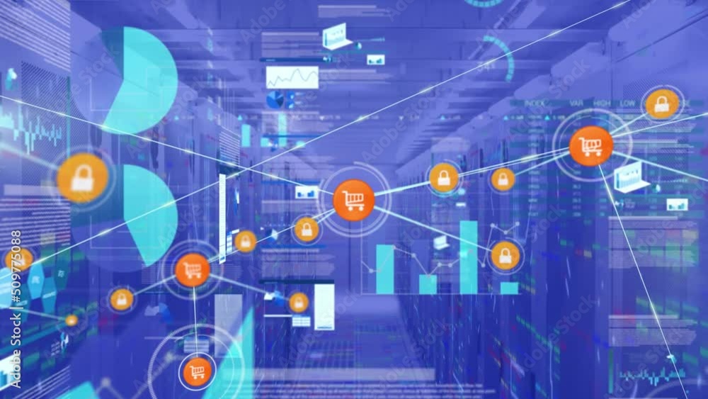 Poster animation of connections, graphs and data processing over servers
