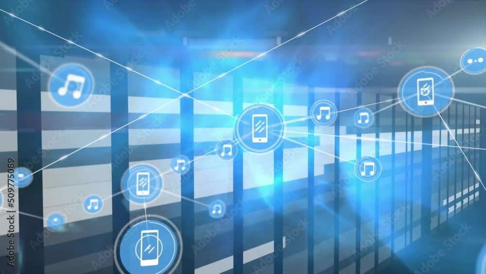 Poster animation of network of connections with icons over servers