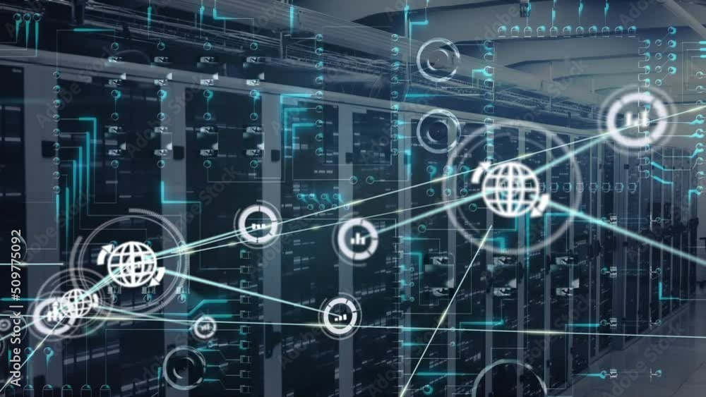 Poster animation of network of connections with icons over servers