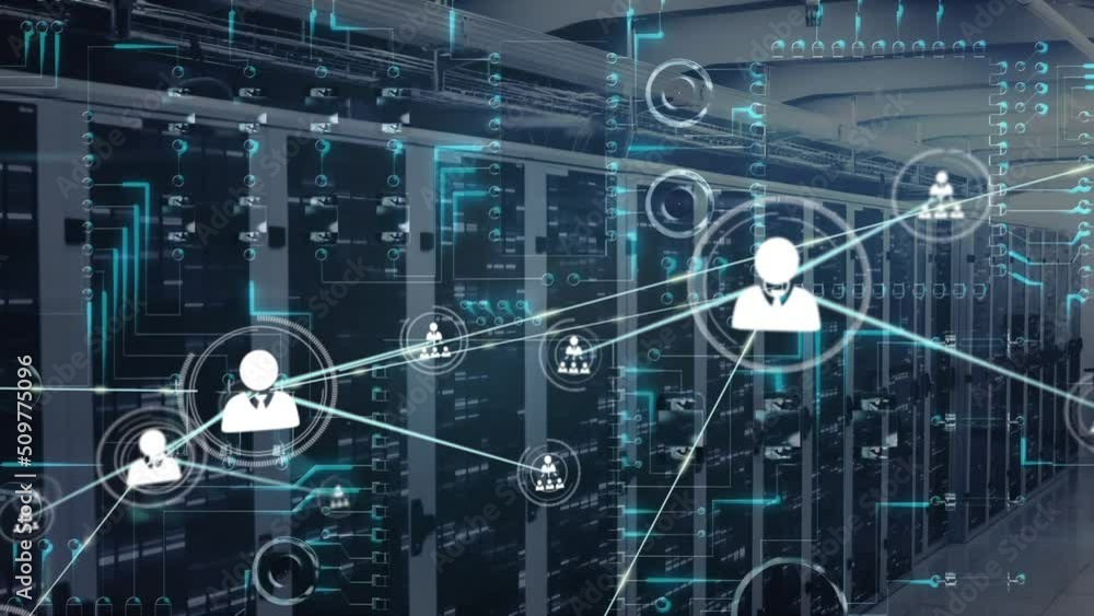 Poster animation of network of connections with icons over servers