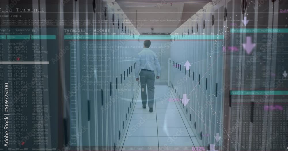 Poster animation of data processing over computer servers and caucasian male it engineer