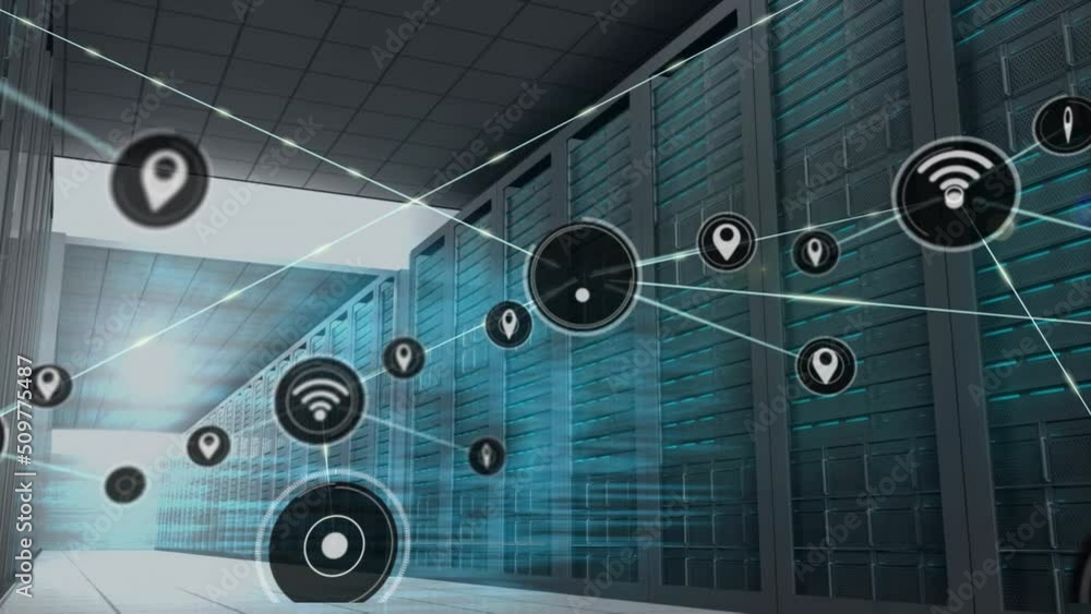 Poster animation of purple lines and network of connections over data processing and server room