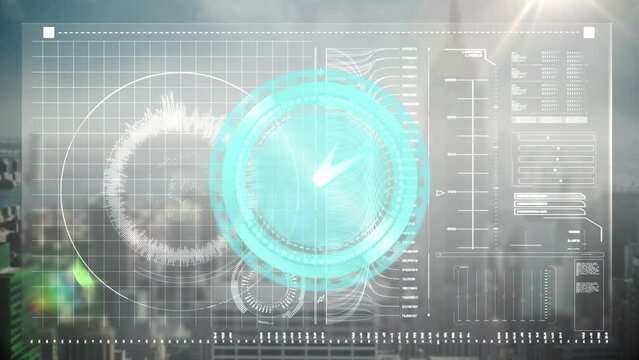 Animation of clock moving fast over data processing on screen