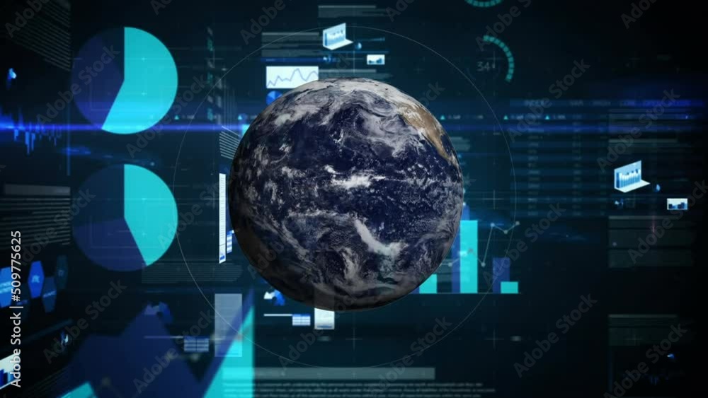 Aufkleber animation of globe with statistics and financial data processing