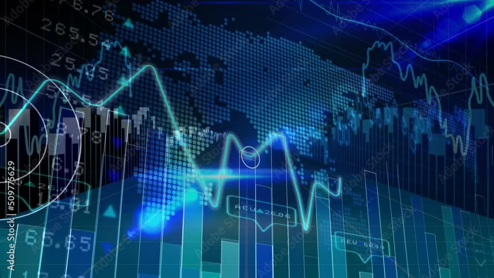 Poster Animation of world map with statistics and financial data processing