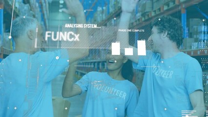 Animation of statistics and financial data processing over diverse people volunteering in warehouse - Powered by Adobe