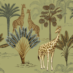 Safari ink drawn palm trees,  giraffe animal summer floral seamless pattern. African wallpaper. © good_mood