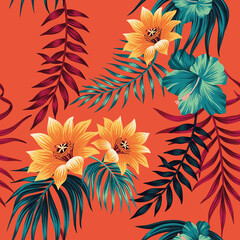 Tropical vintage lotus flower, palm leaves floral seamless pattern red background. Hawaiian jungle wallpaper.