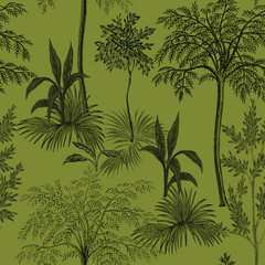 Park ink drawn trees,  banana tree summer floral seamless pattern.Exotic landscape wallpaper.