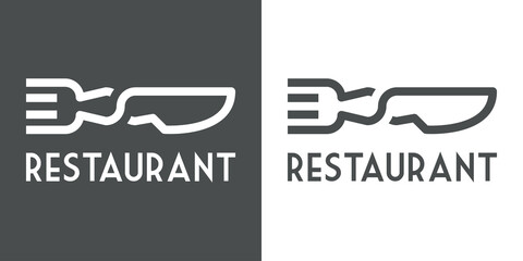 Logotipo con texto Restaurant con silueta de tenedor y cuchillo en aspa con lineas en fondo gris y fondo blanco © teracreonte