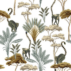 Tropical ink drawn palm trees,  lemur animal summer floral seamless pattern.Exotic jungle wallpaper.