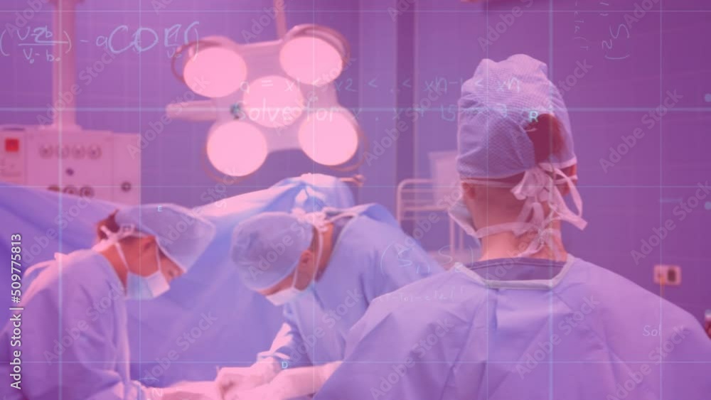 Poster animation of finacial data processing over caucasian surgeons in operating theatre