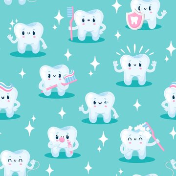 Tooth characters pattern. Seamless print with dentistry cartoon mascot persons with cute faces, dental and oral health concept. Vector texture