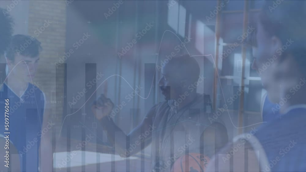 Poster animation of financial data processing over diverse basketball player