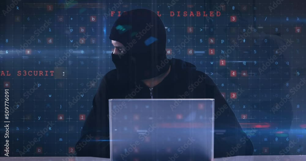 Poster animation of cyber attack warning and hacker over caucasian man in server room