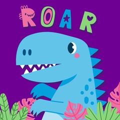Baby dinosaur poster. Kids artwork with cute little dino character, funny monster fashion print. Vector tiny dragon banner illustration
