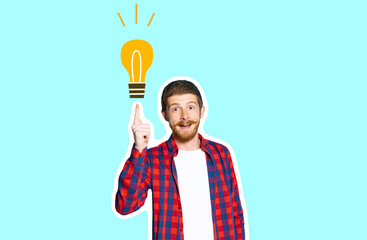 Young excited man having an idea. Bulb lamp and eureka concept. Concept of human emotions, facial expression, youth, education, business, ad. - obrazy, fototapety, plakaty