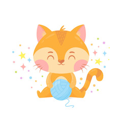 Cute sitting red cat with a blue yarn ball in cartoon style. Funny childish character for card, poster, print, kid clothing, cover. Vector illustration isolated on white background 