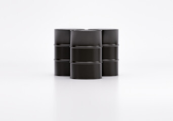 Black oil barrels 55 gallon size on white background, ready for shipping. The role of oil during the war 3d rendering
