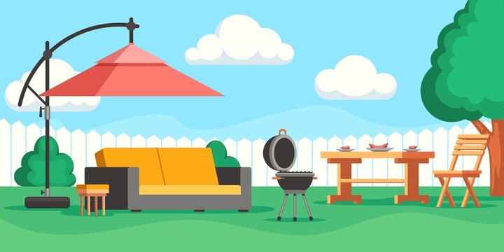 Backyard patio. Cartoon summer garden with lounge outdoor furniture and barbecue grill, outside house terrace or veranda scene. Vector illustration