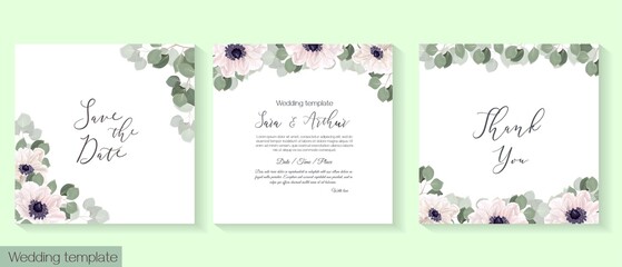 Fototapeta na wymiar Vector herbal wedding invitation template. White anemones, green plants and leaves, eucalyptus. All elements can be isolated.