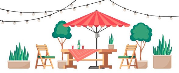 Restaurant patio. Summer outdoor cafe terrace with wooden table and chairs, cozy lounge cafeteria scene with plants and garland. Vector illustration