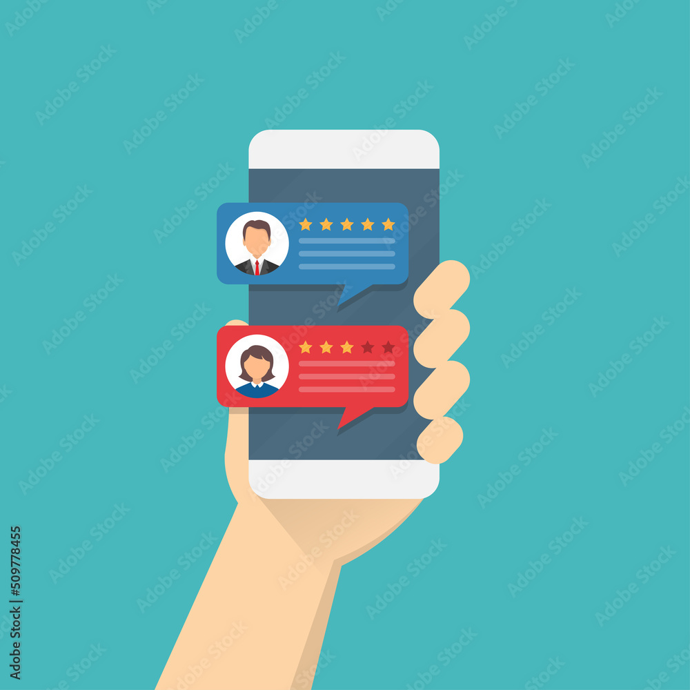 Poster smartphone in hand. customer feedback. rating on mobile phone screen. viewing rating on speech bubbl
