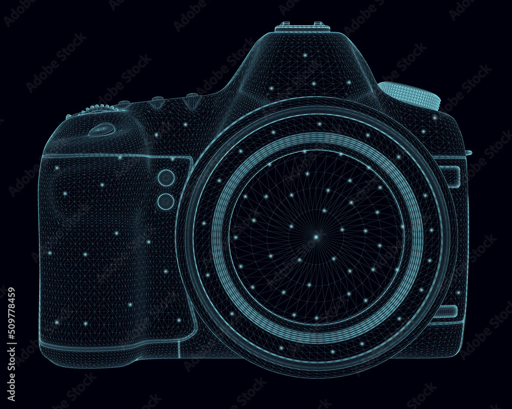 Poster wireframe of a professional camera made of blue lines with glowing lights isolated on a dark backgro