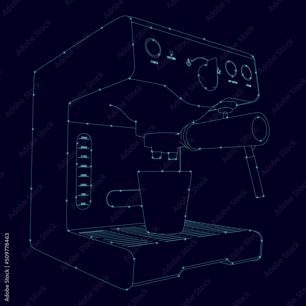 Poster outline of a coffee machine from blue lines with glowing lights isolated on a dark background. vecto