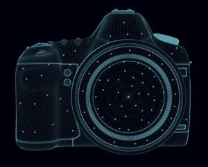 Wireframe of a professional camera made of blue lines with glowing lights isolated on a dark background. Front view. 3D. Vector illustration.
