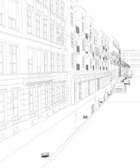 The contour of the street with houses and cars from black lines isolated on a white background. Vector illustration.