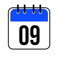 Calendar day 09. Number nine on a white paper with blue border isolated on white background. Vector ilustration.
