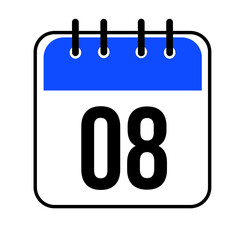 Calendar day 08. Number eight on a white paper with blue border isolated on white background. Vector ilustration.