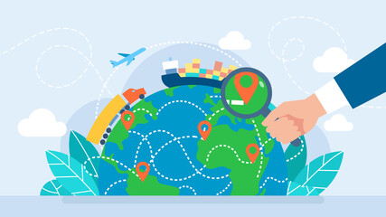 Naklejka premium Cargo tracking in the application. Fast shipping. Business logistics. A logistic transport import-export cargo world globe design with trucks, airplanes, and ships. Freights transportation. 
