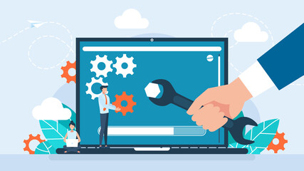 User interface customization, programming. Concept of creating, setting personal pages, and repairing. User customizes settings on monitor. Laptop screen with users personal page. Illustration